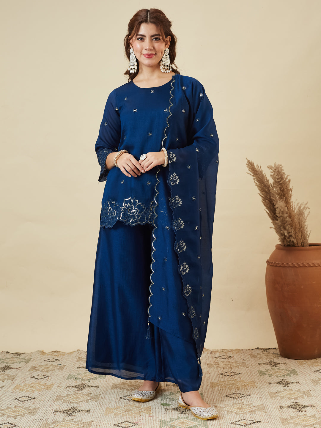 Teal Blue Silk Embroidered Suit with Palazzo Set for Women