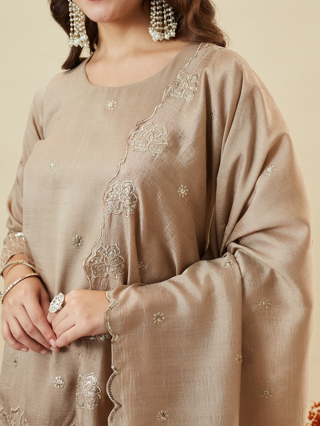 Grey Silk Embroidered Suit with Palazzo Set for Women