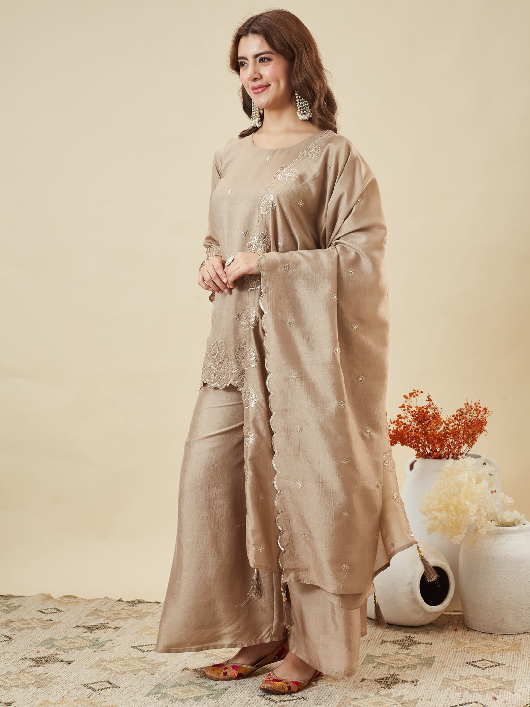 Grey Silk Embroidered Suit with Palazzo Set for Women