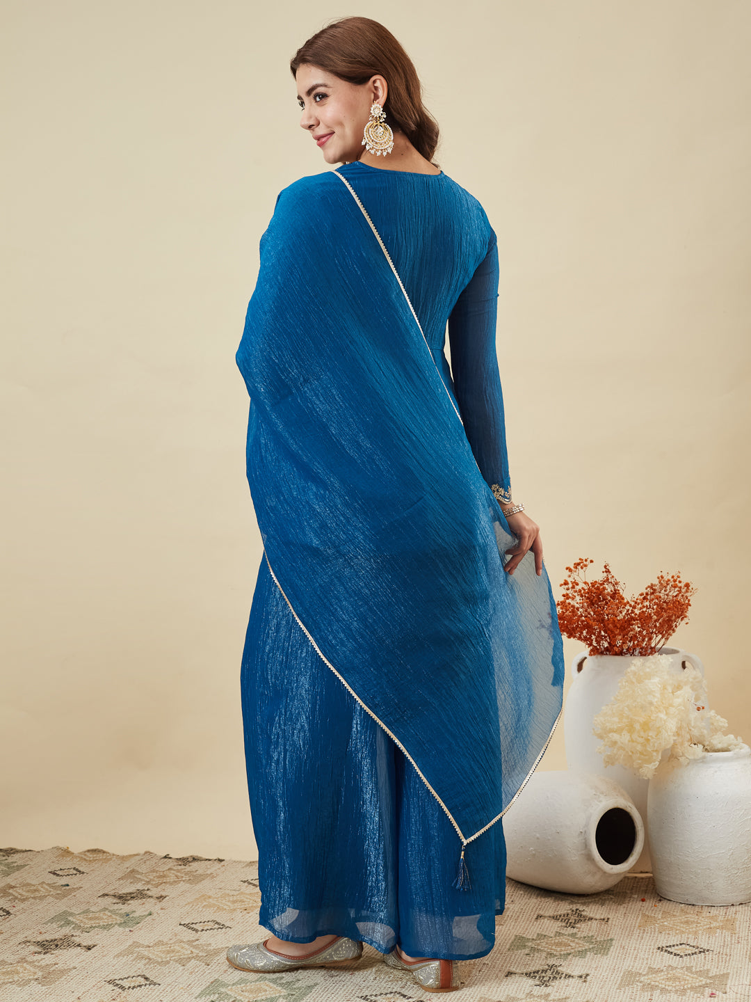 Royal Blue Silk Embroidered Top Sharara Set with Dupatta