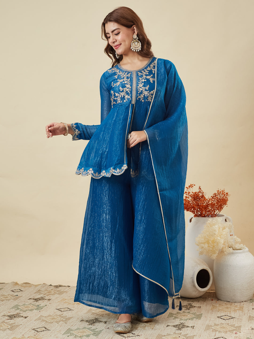 Royal Blue Silk Embroidered Top Sharara Set with Dupatta