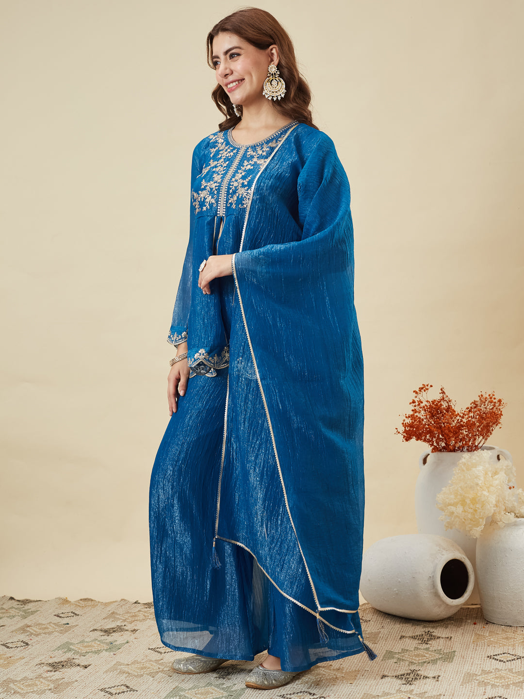 Royal Blue Silk Embroidered Top Sharara Set with Dupatta