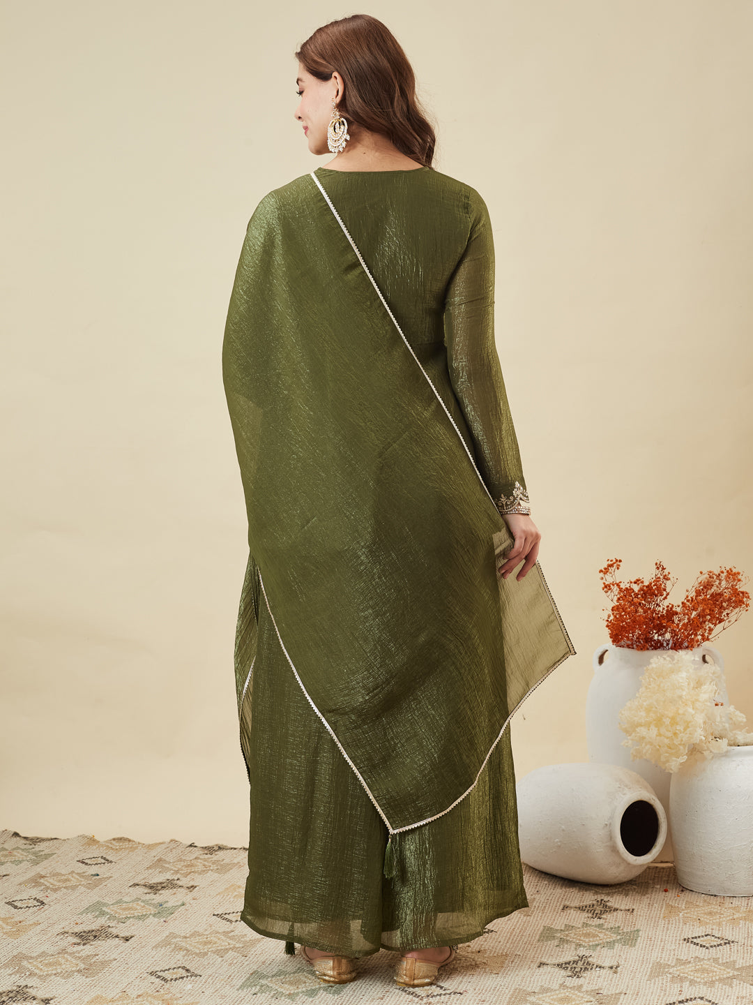 Green Silk Embroidered Top Sharara Set with Dupatta