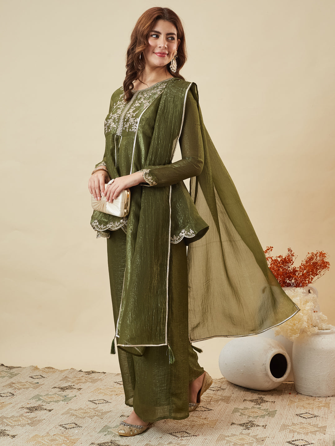 Green Silk Embroidered Top Sharara Set with Dupatta