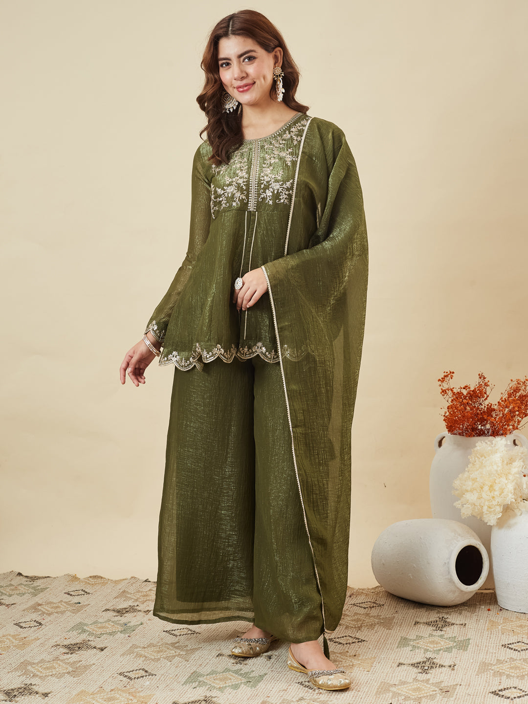 Green Silk Embroidered Top Sharara Set with Dupatta