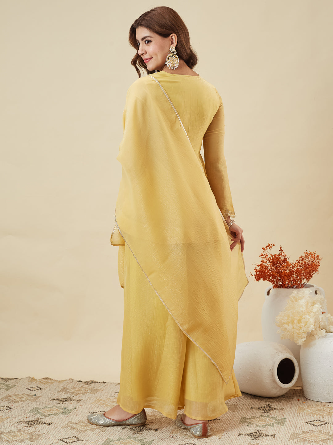 Yellow Silk Embroidered Top Sharara Set with Dupatta