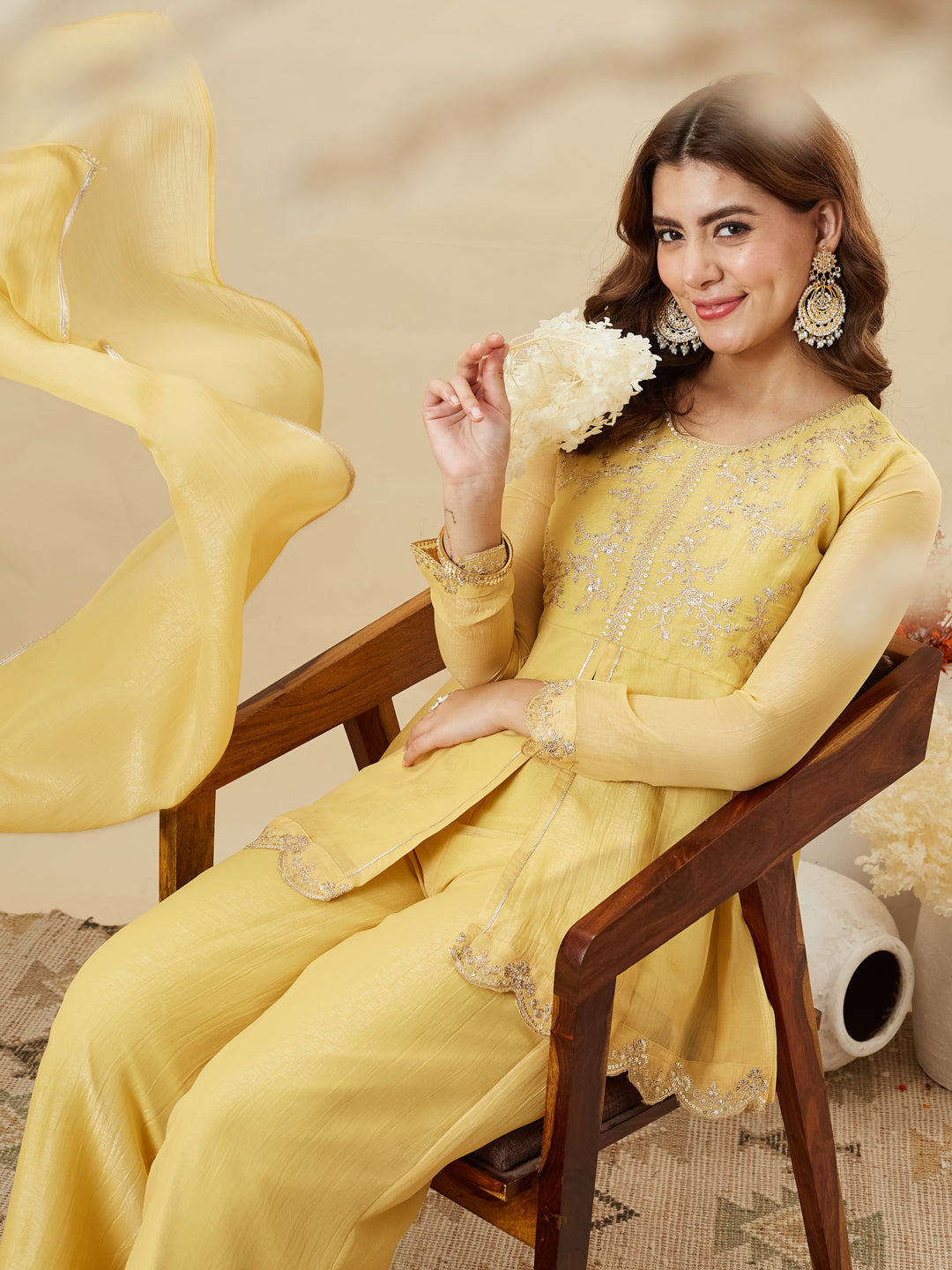 Yellow Silk Embroidered Top Sharara Set with Dupatta