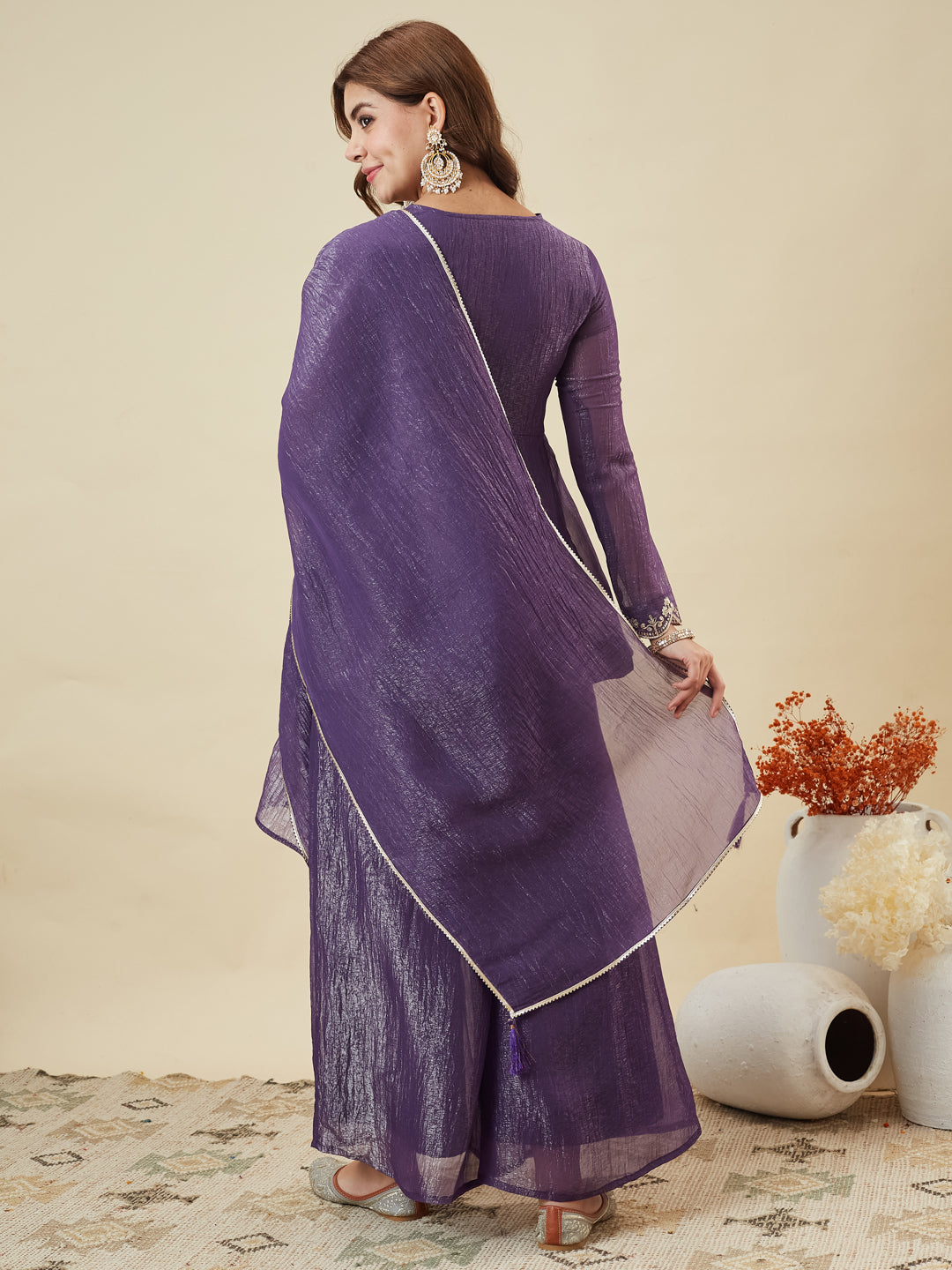 Voilet Silk Embroidered Top Sharara Set with Dupatta