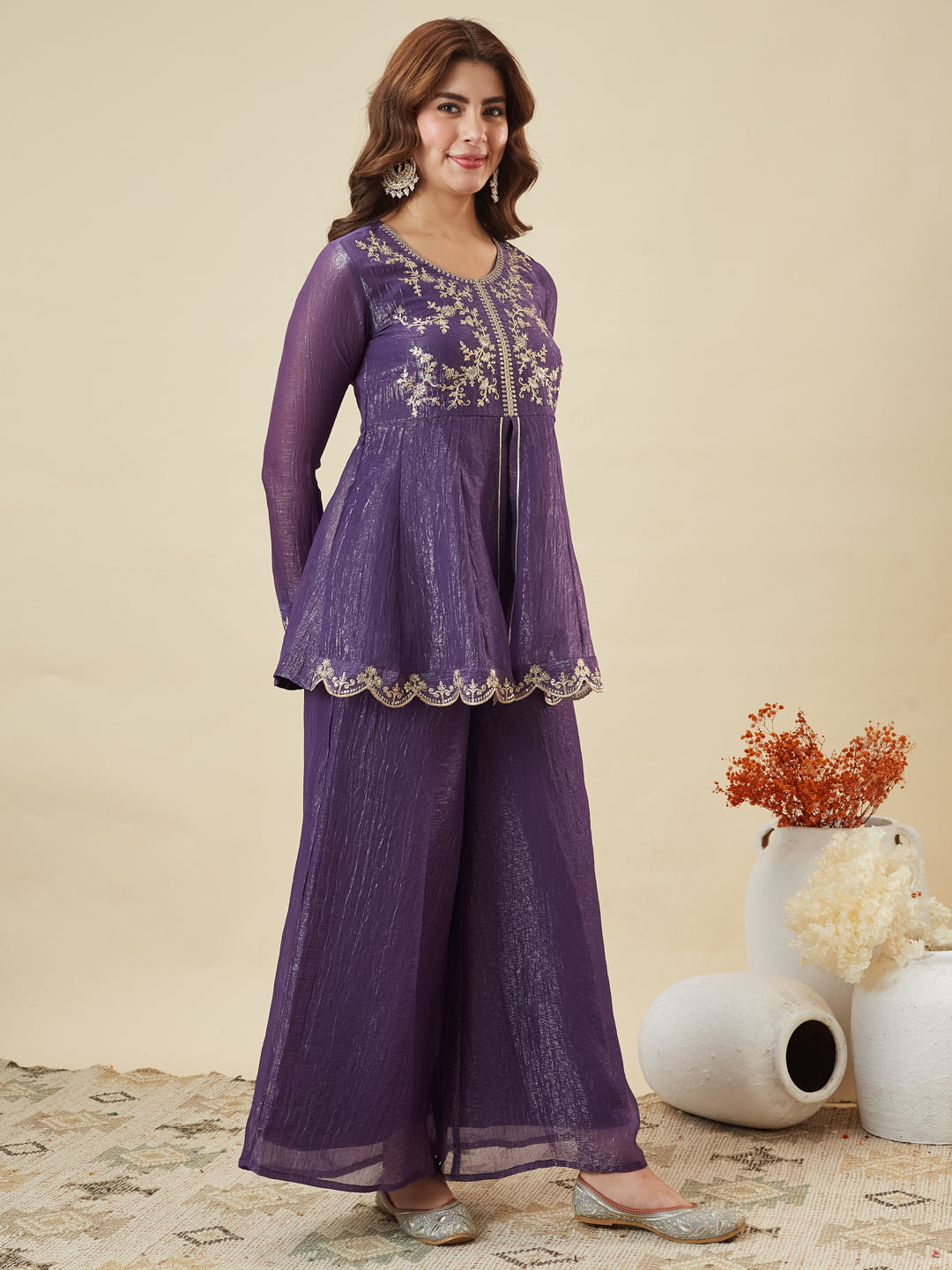 Voilet Silk Embroidered Top Sharara Set with Dupatta