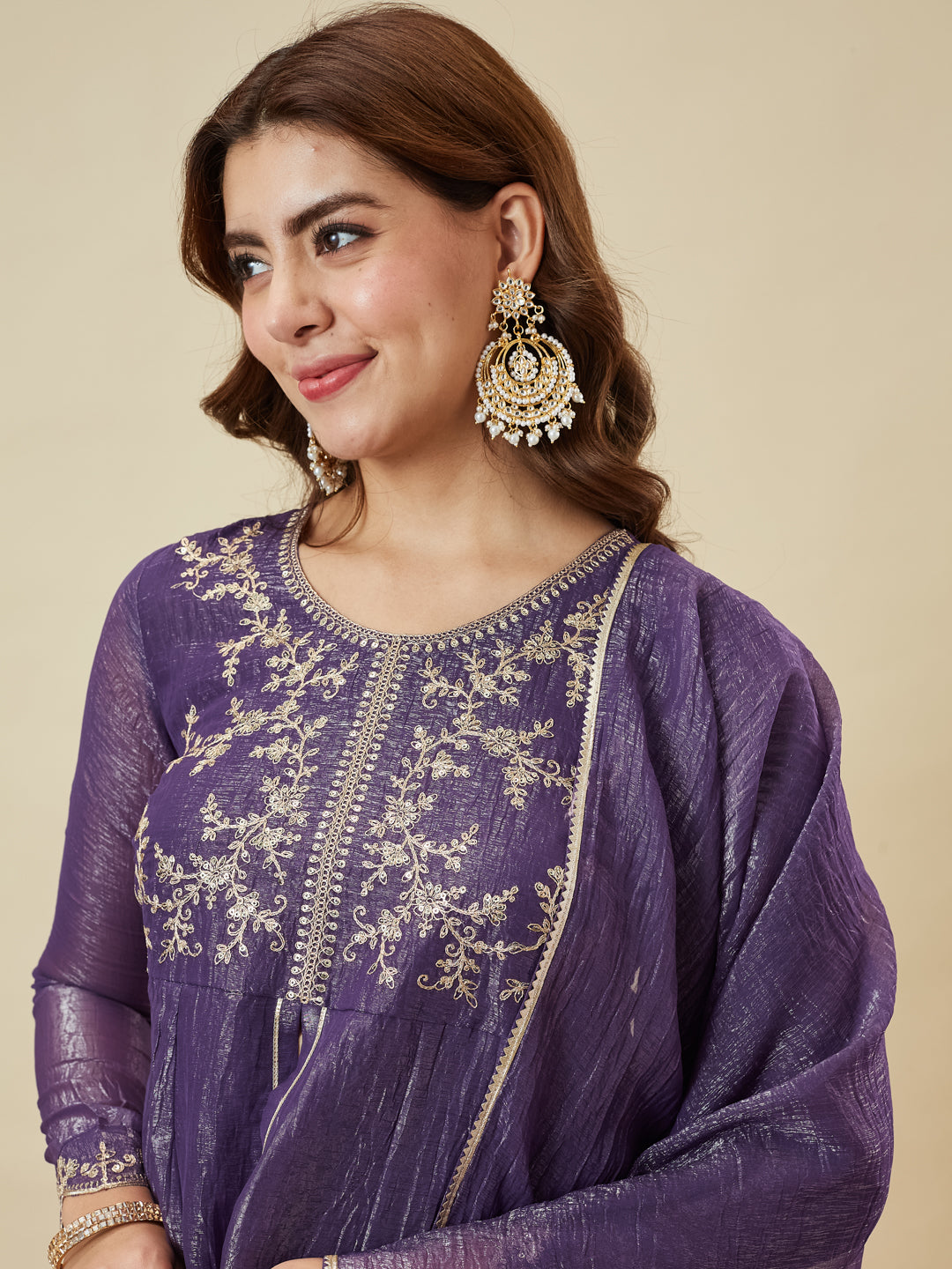Voilet Silk Embroidered Top Sharara Set with Dupatta