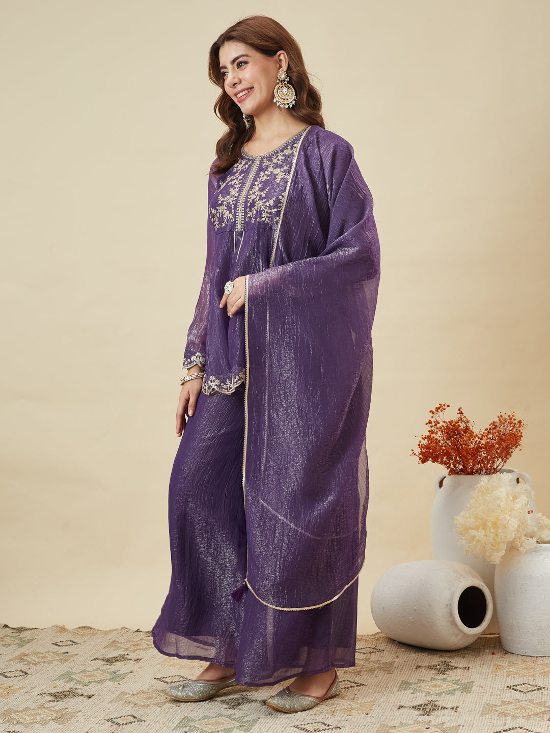 Voilet Silk Embroidered Top Sharara Set with Dupatta