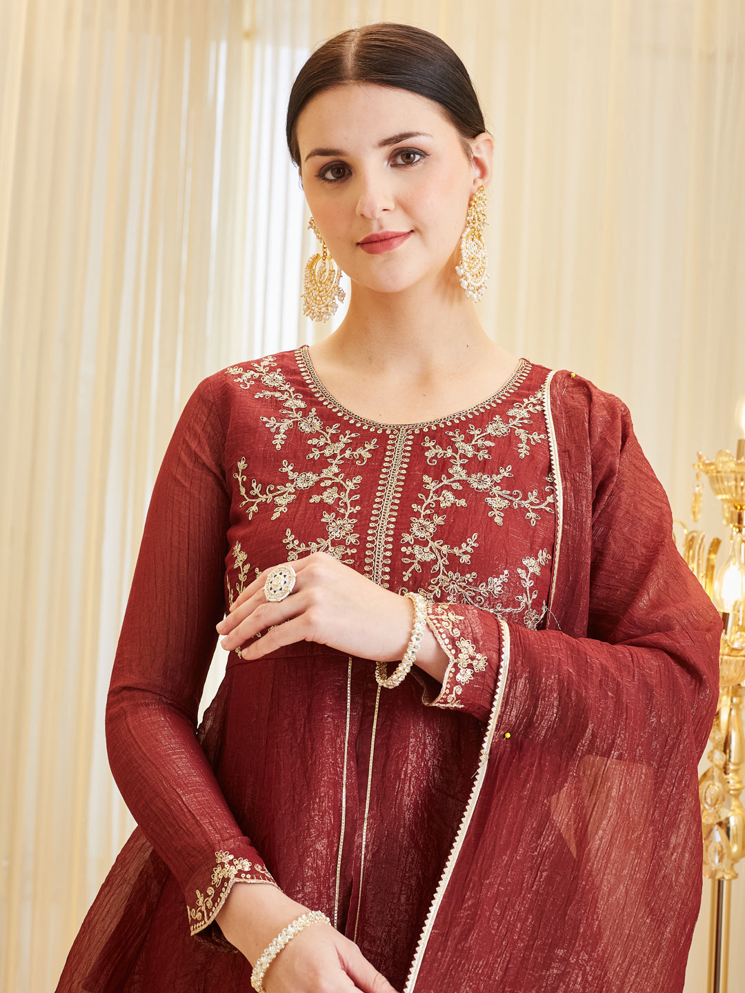 Berry Embroidered Kurta Palazzo Set with Dupatta for Women