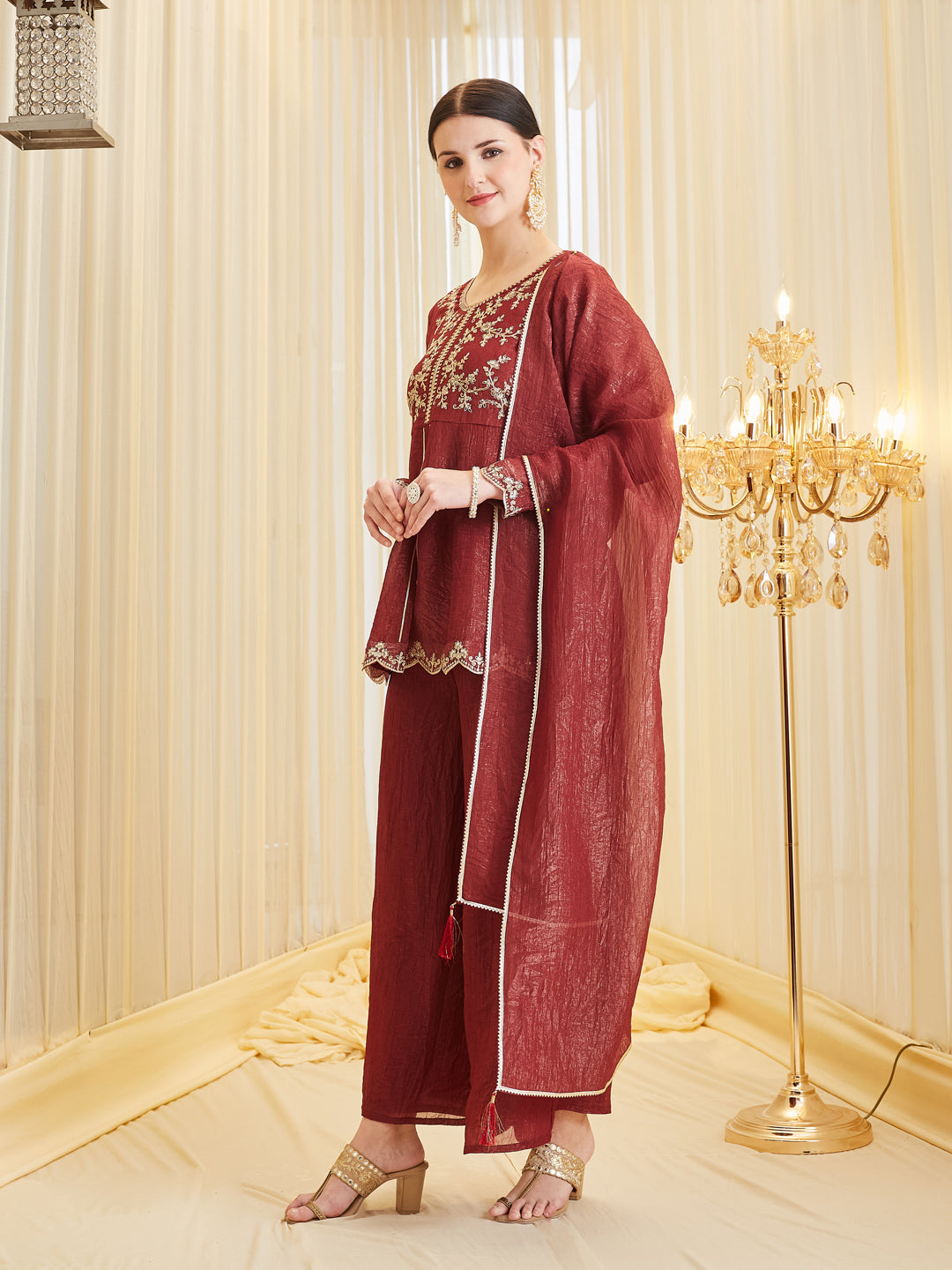 Berry Embroidered Kurta Palazzo Set with Dupatta for Women