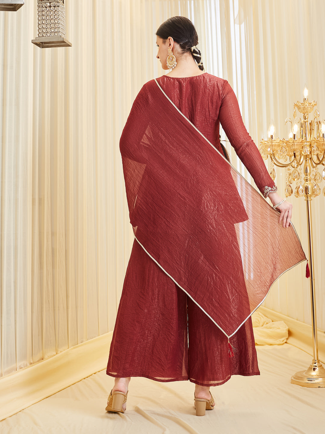 Berry Embroidered Kurta Palazzo Set with Dupatta for Women