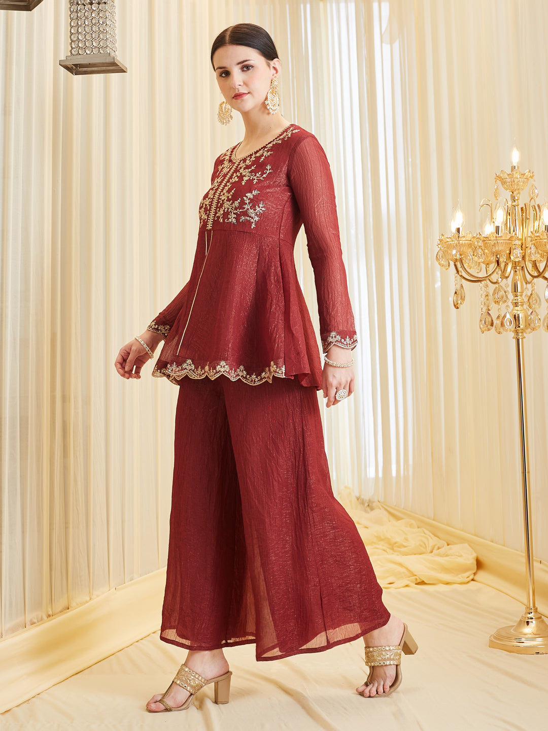 Berry Embroidered Kurta Palazzo Set with Dupatta for Women