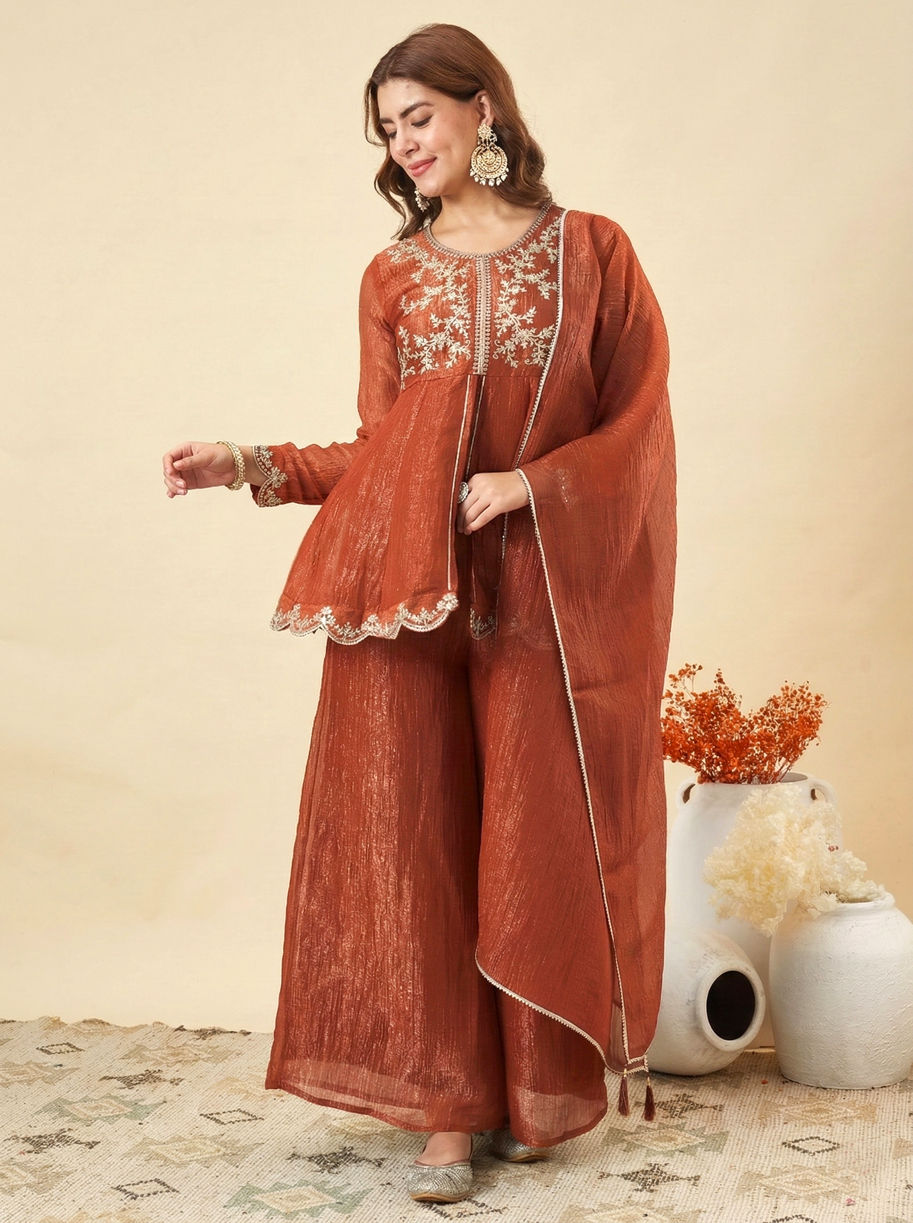 Rust Silk Embroidered Peplum Kurta Set with Palazzo & Dupatta