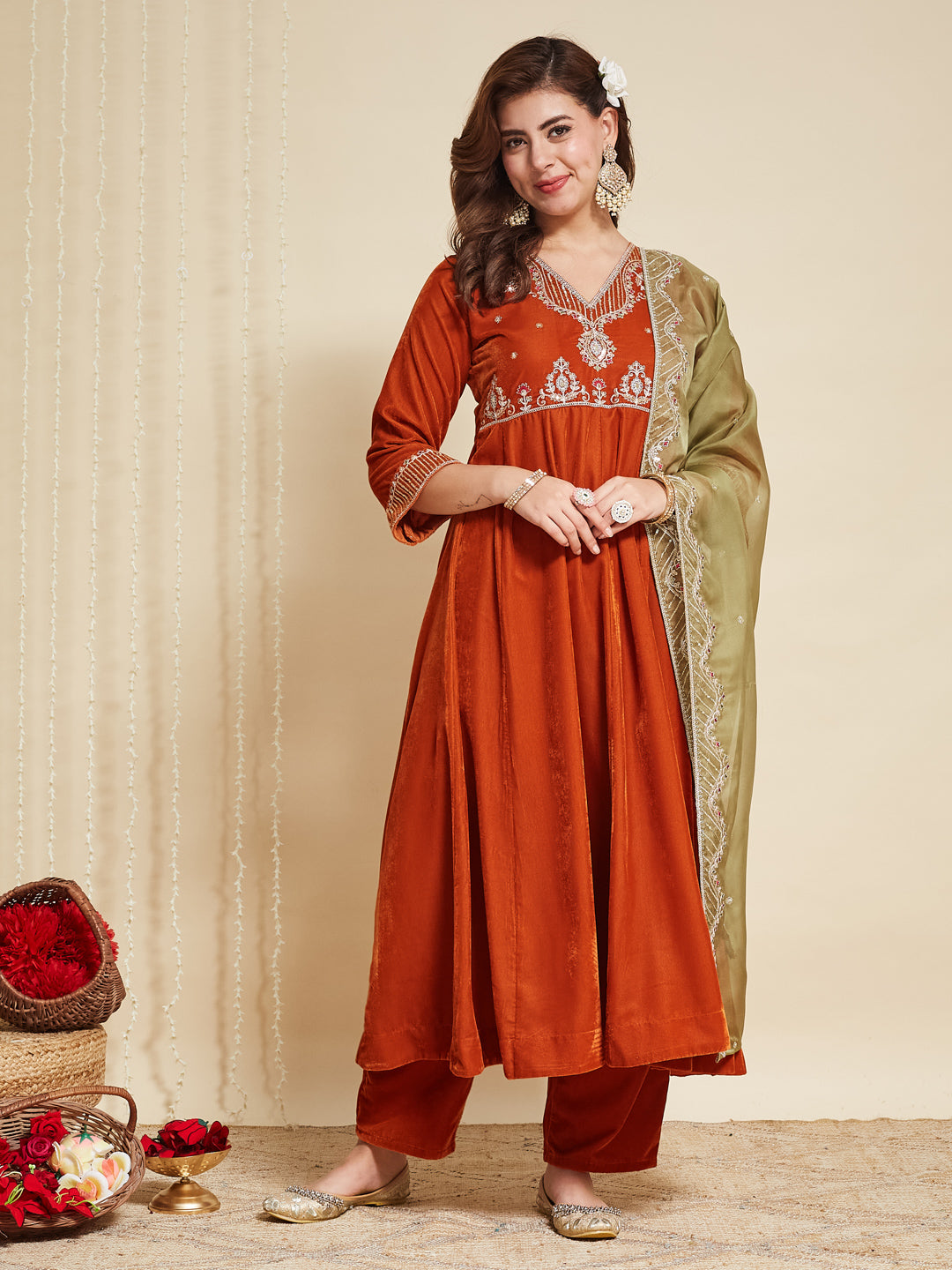 Orange Solid Velvet Anarkali Suit With Dupatta