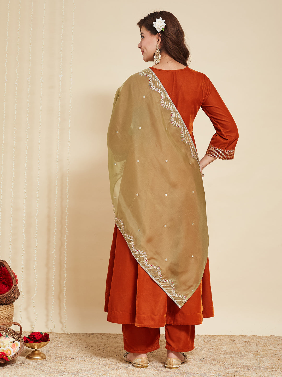 Orange Solid Velvet Anarkali Suit With Dupatta