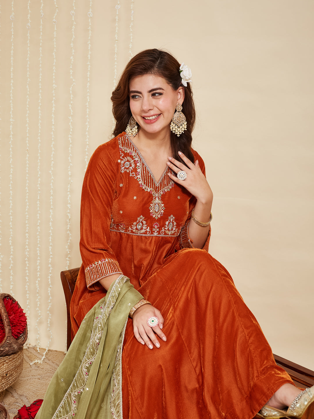 Orange Solid Velvet Anarkali Suit With Dupatta
