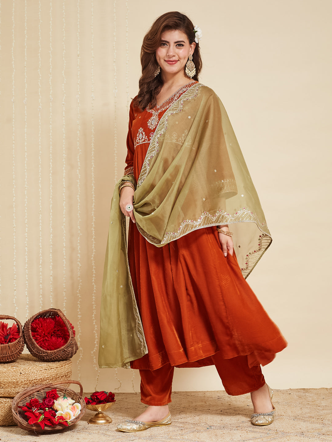 Orange Solid Velvet Anarkali Suit With Dupatta