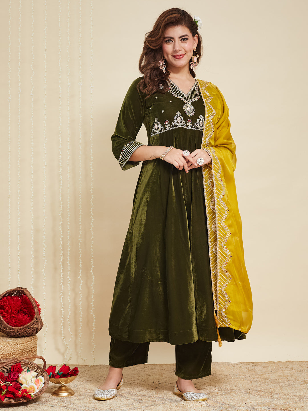 Olive Green Solid Velvet Anarkali Suit With Dupatta
