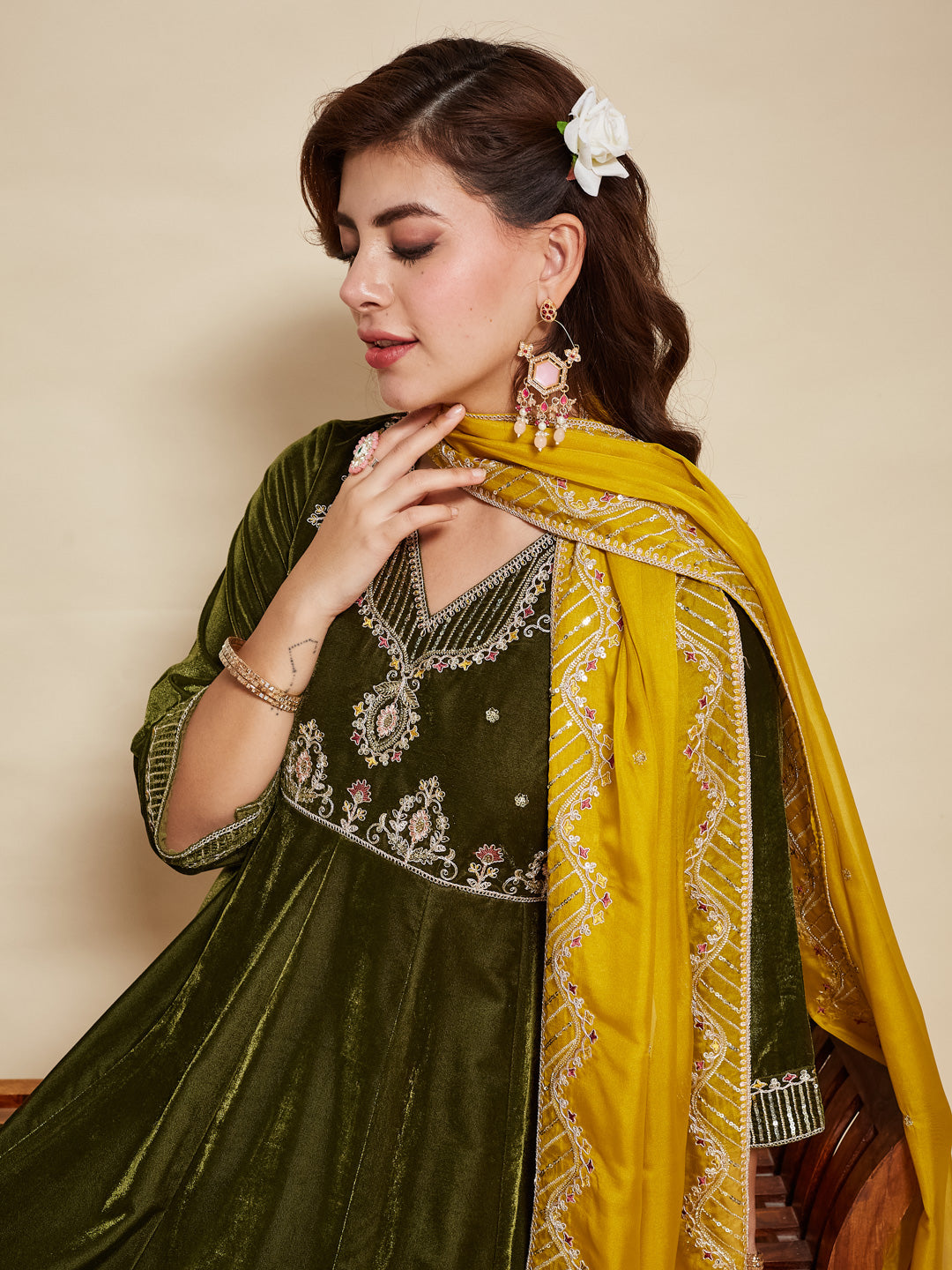 Olive Green Solid Velvet Anarkali Suit With Dupatta