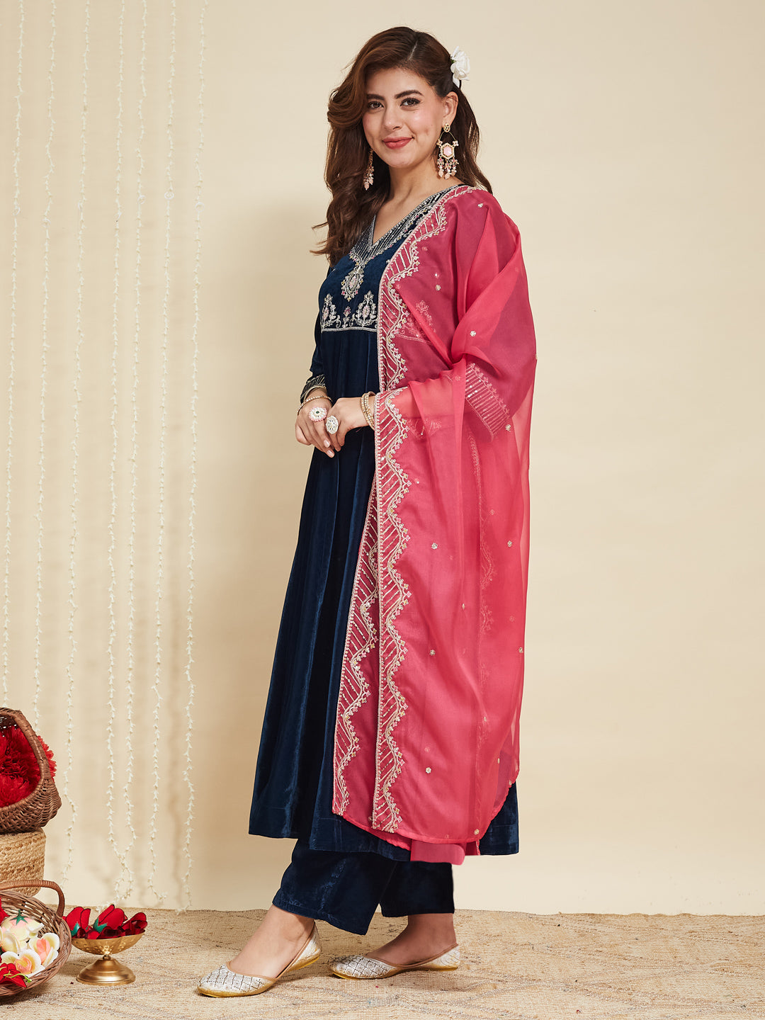 Teal Blue Solid Velvet Anarkali Suit With Dupatta