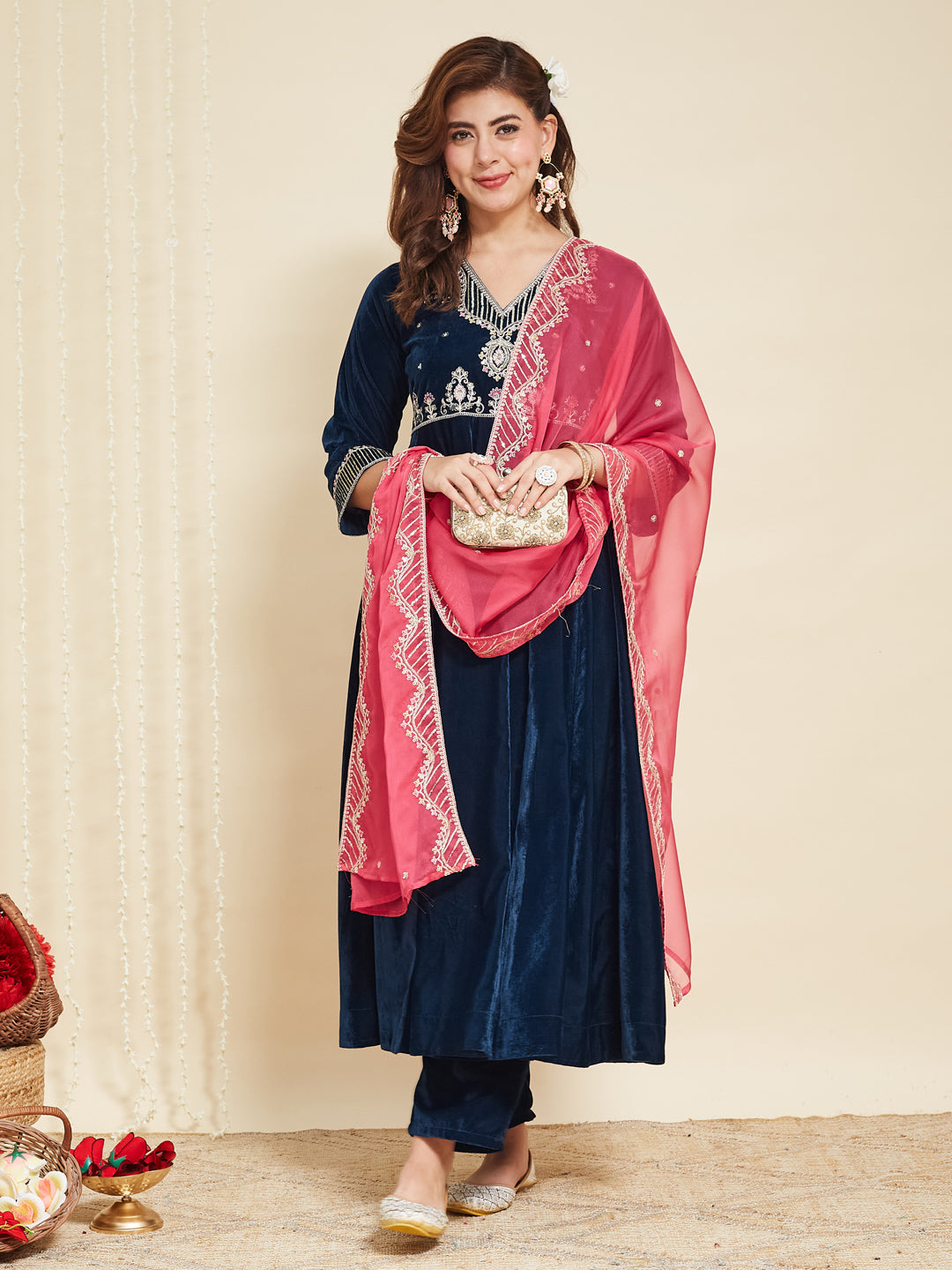 Teal Blue Solid Velvet Anarkali Suit With Dupatta