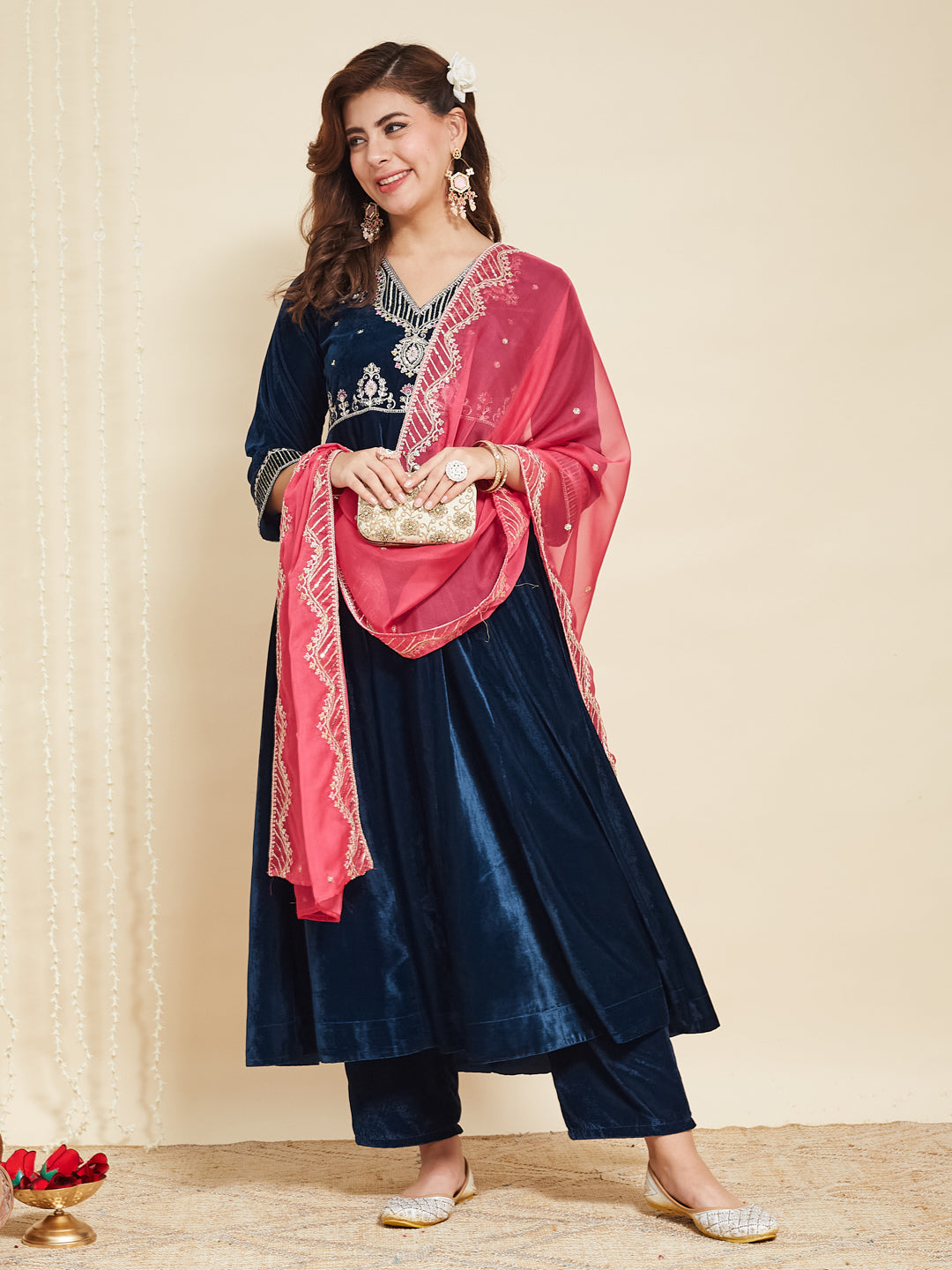 Teal Blue Solid Velvet Anarkali Suit With Dupatta