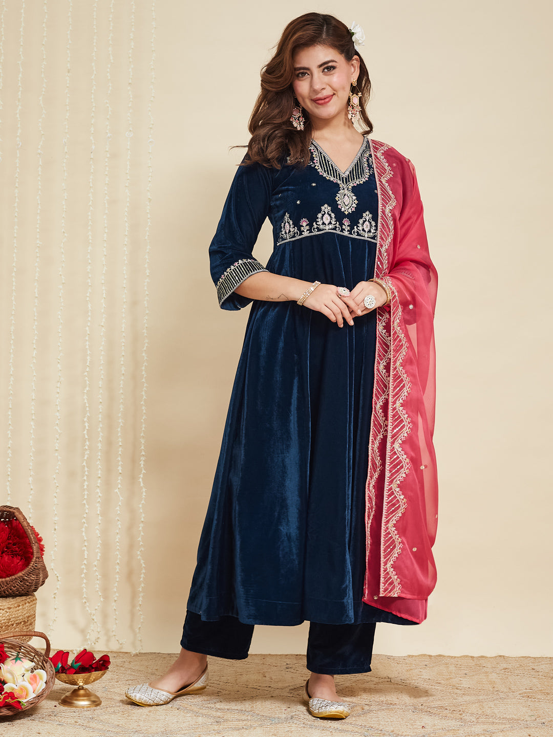 Teal Blue Solid Velvet Anarkali Suit With Dupatta
