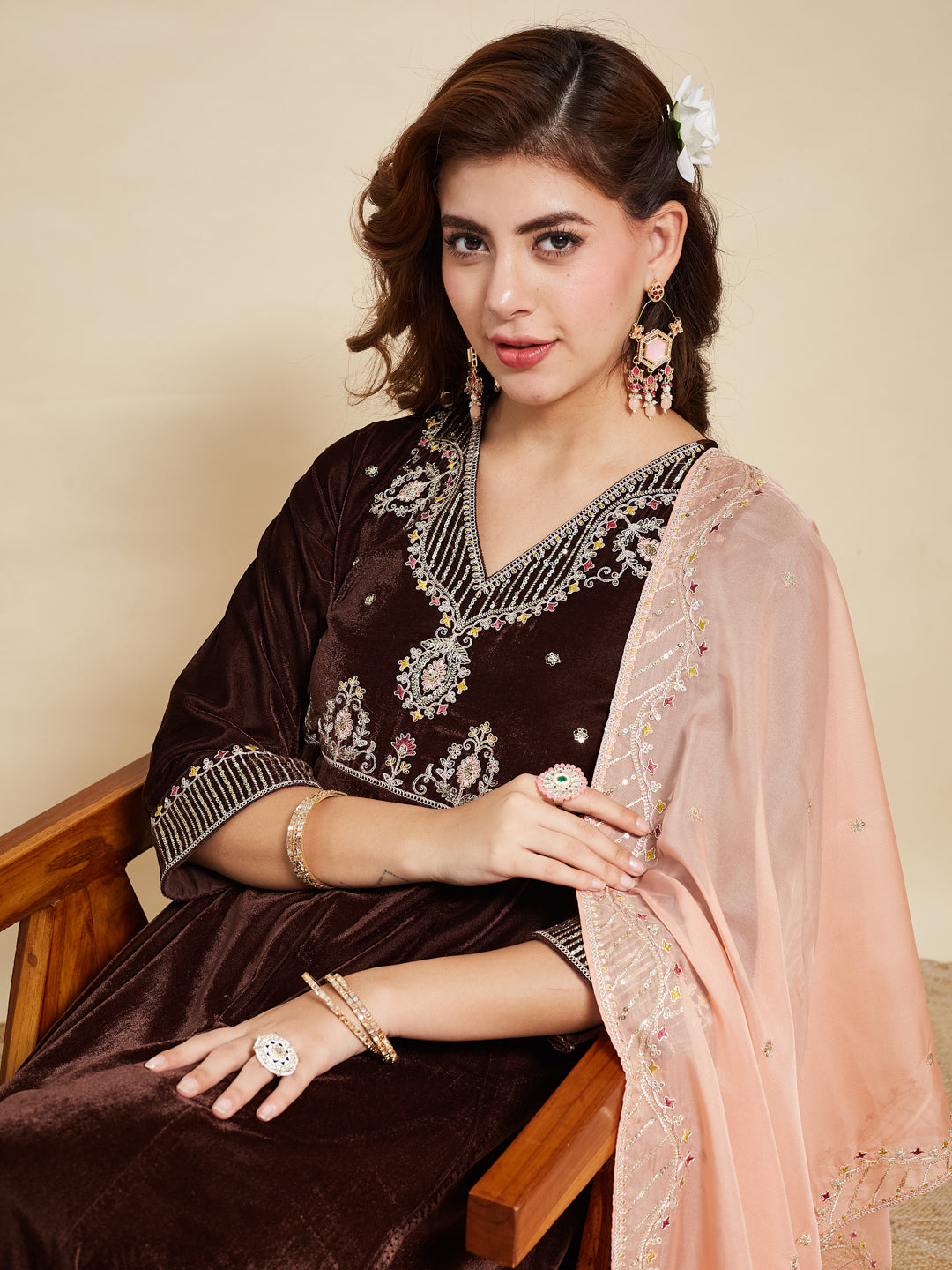 Coffee Solid Velvet Anarkali Suit With Dupatta