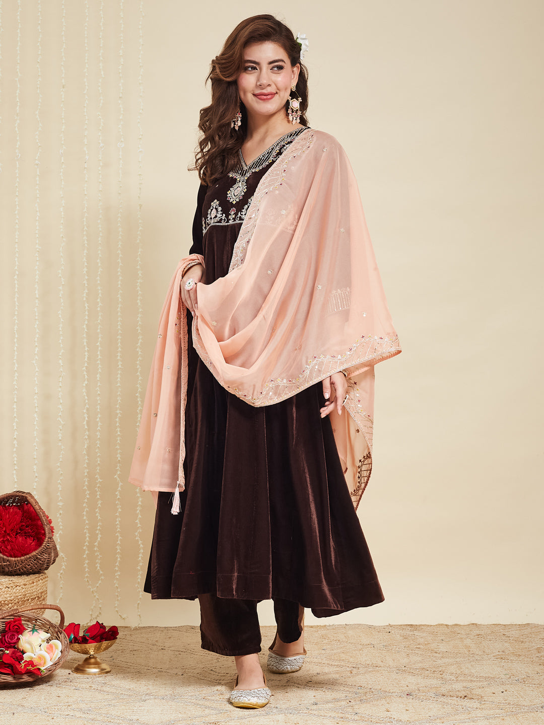 Coffee Solid Velvet Anarkali Suit With Dupatta