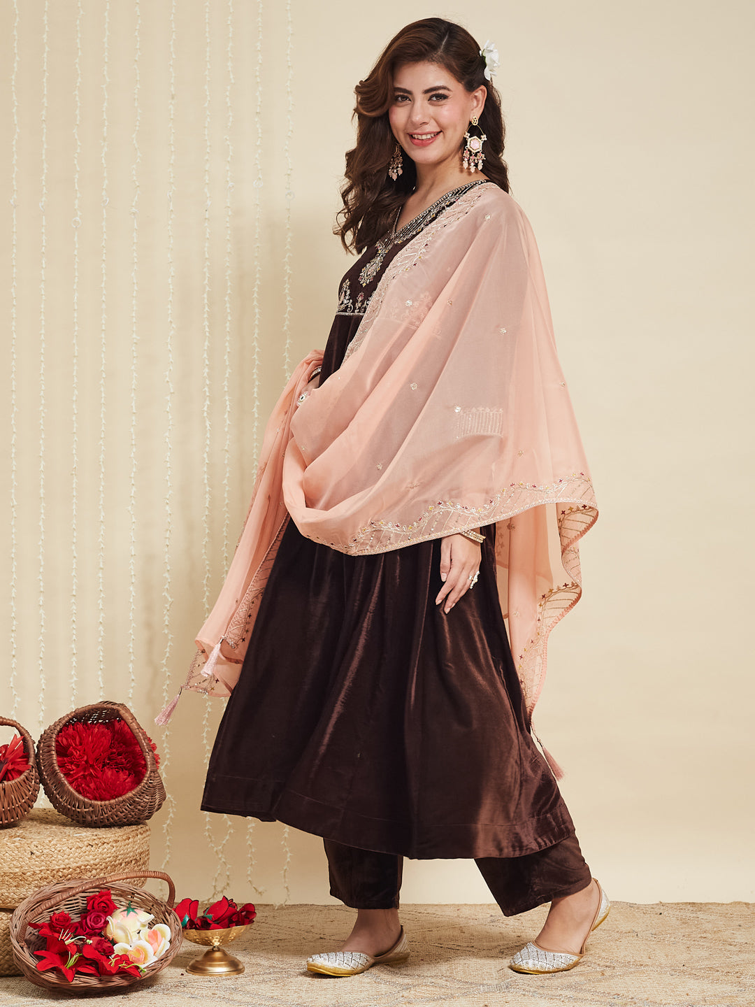 Coffee Solid Velvet Anarkali Suit With Dupatta