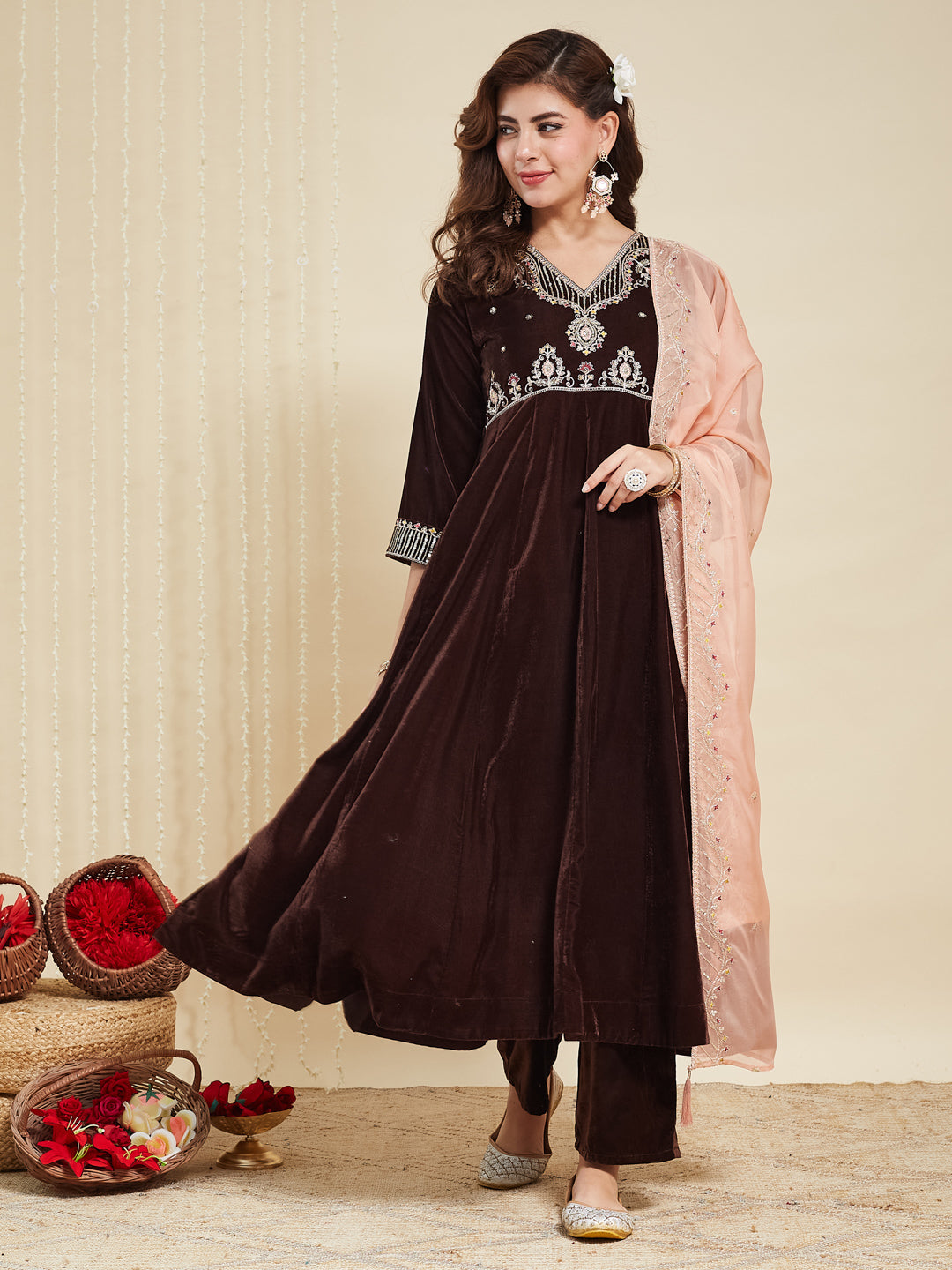 Coffee Solid Velvet Anarkali Suit With Dupatta