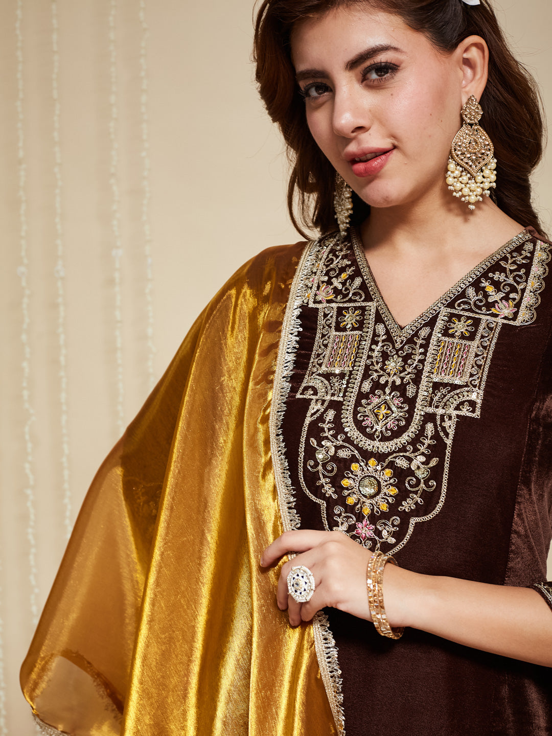 Coffee Velvet Embroidered Kurta set with golden Dupatta for women