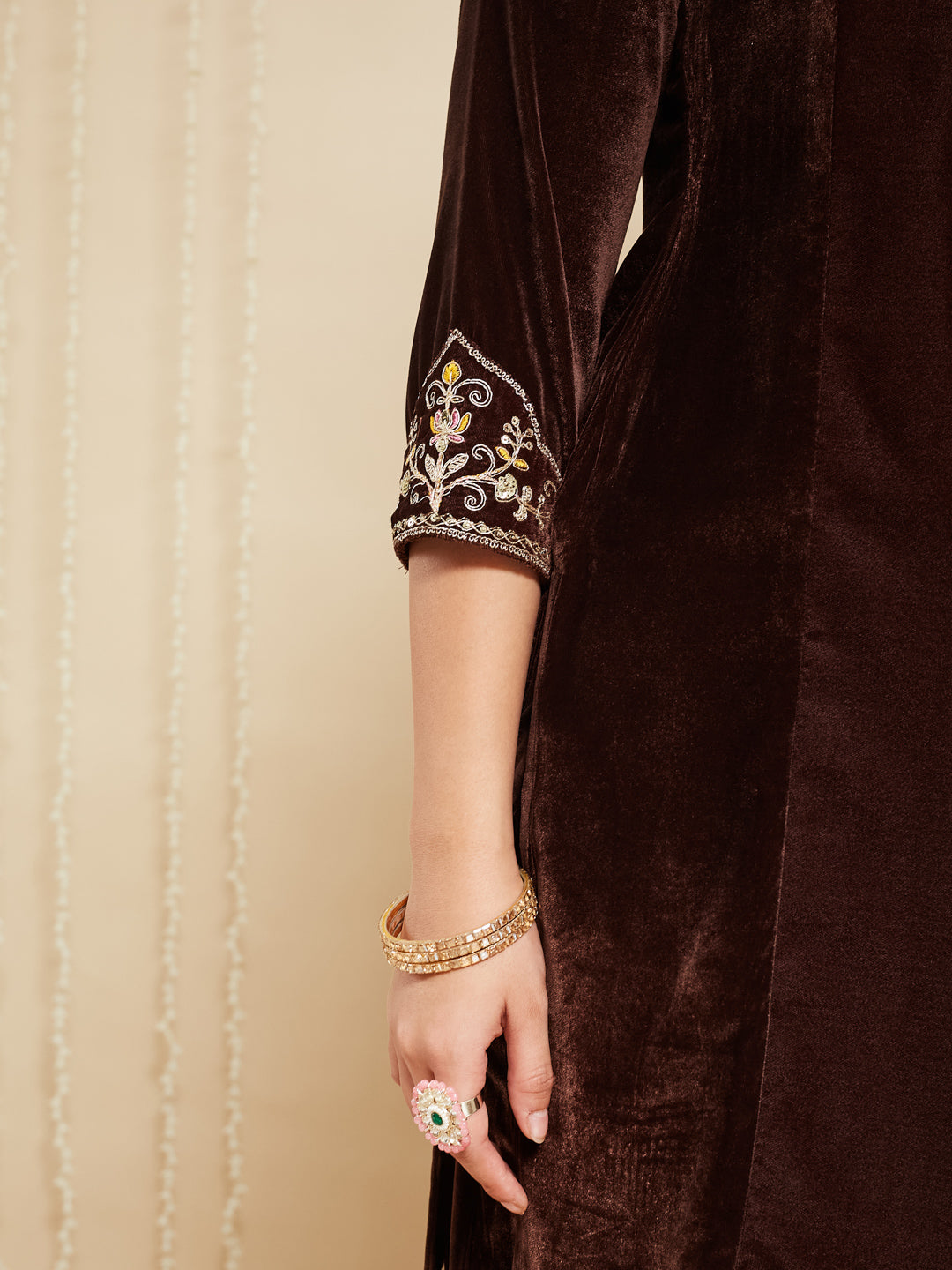 Coffee Velvet Embroidered Kurta set with golden Dupatta for women