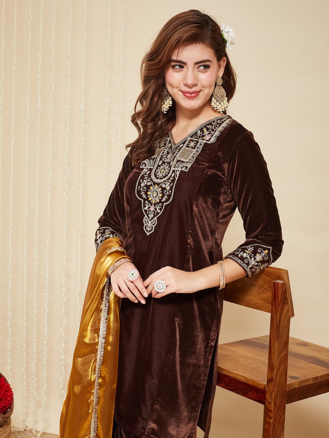 Coffee Velvet Embroidered Kurta set with golden Dupatta for women