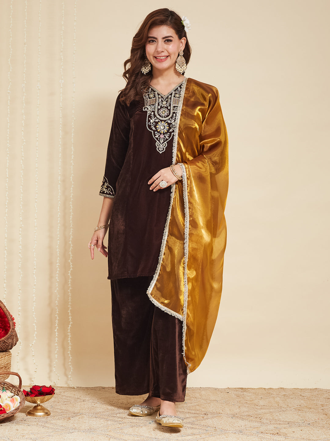 Coffee Velvet Embroidered Kurta with Yellow Dupatta