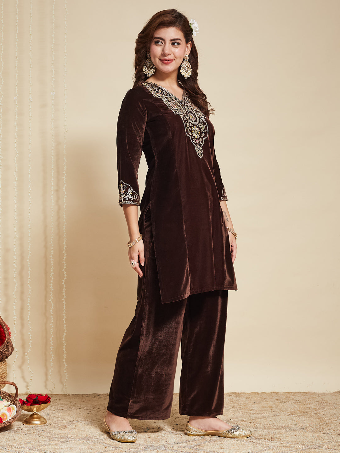 Coffee Velvet Embroidered Kurta with Yellow Dupatta
