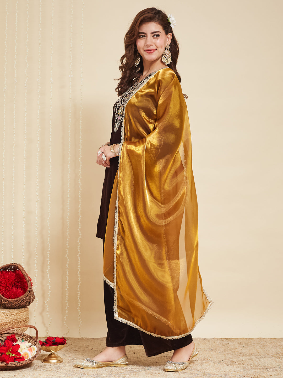 Coffee Velvet Embroidered Kurta set with golden Dupatta for women