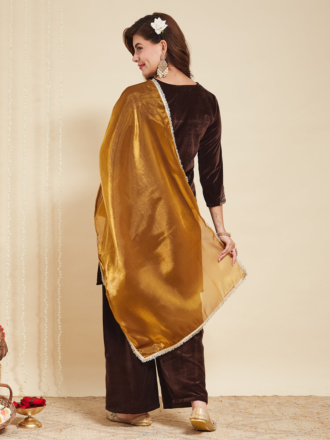 Coffee Velvet Embroidered Kurta with Yellow Dupatta