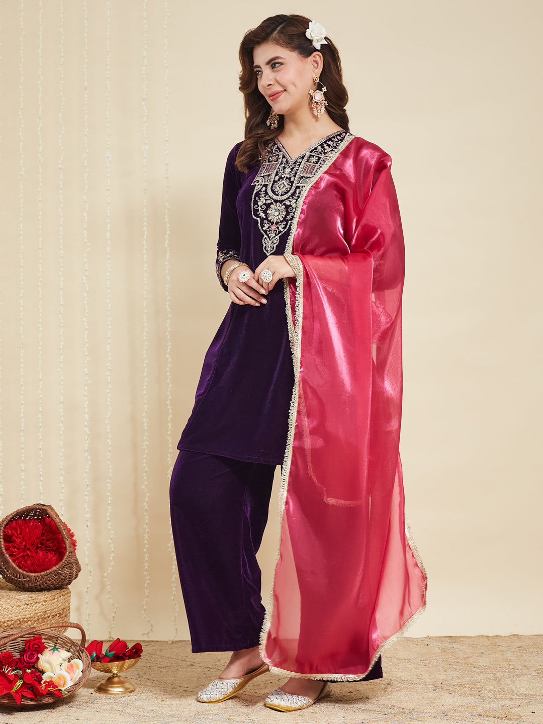 Violet Velvet Embroidered Kurta set with pink Dupatta for women