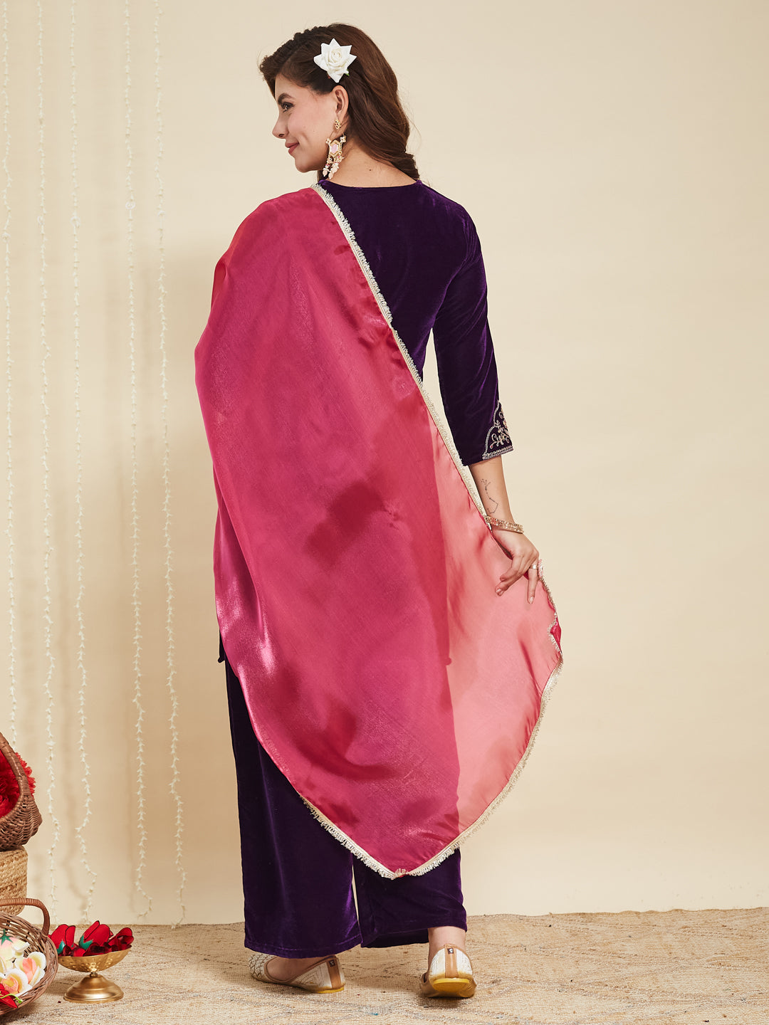 Violet Velvet Embroidered Kurta set with pink Dupatta for women