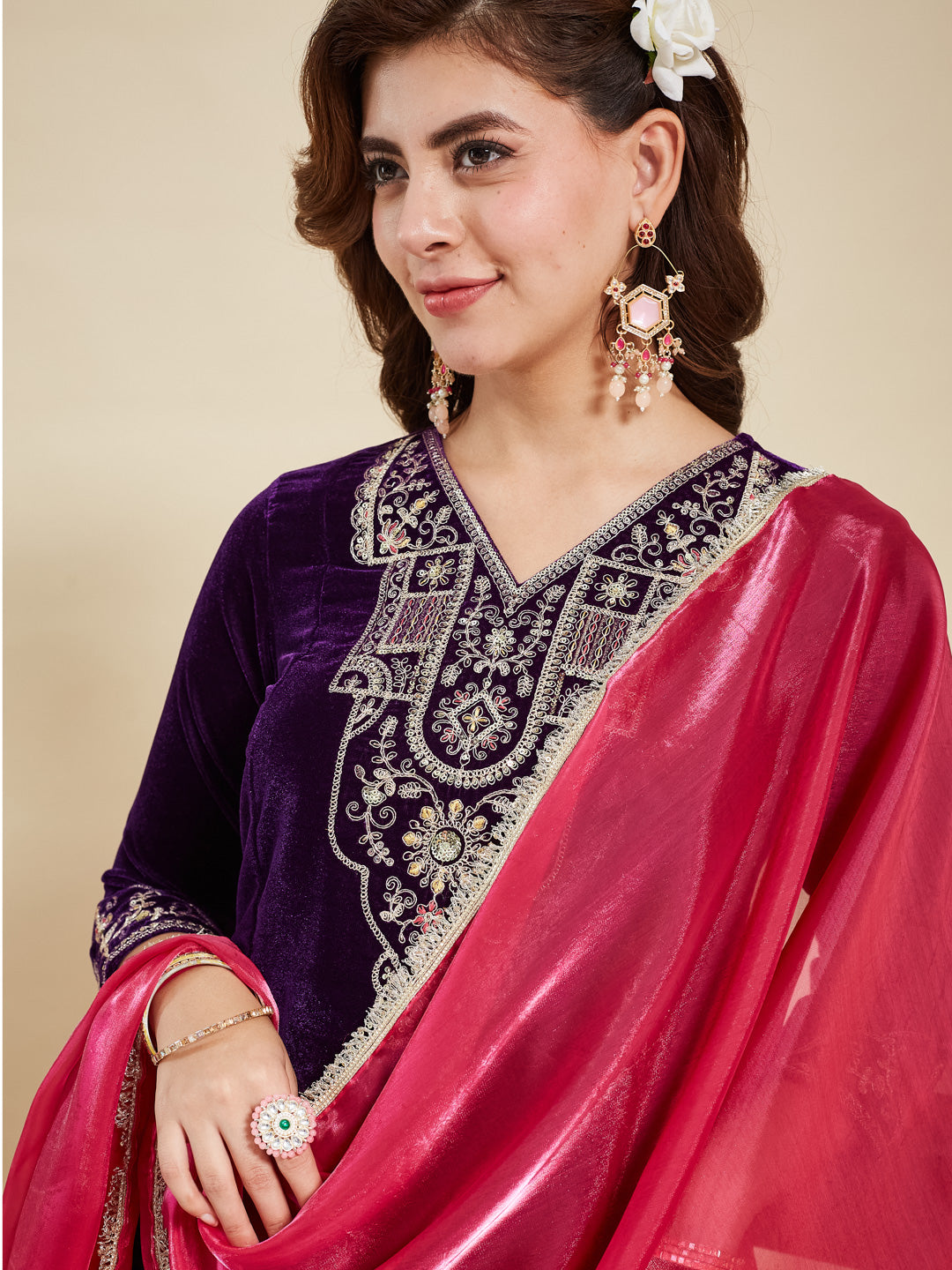 Violet Velvet Embroidered Kurta set with pink Dupatta for women