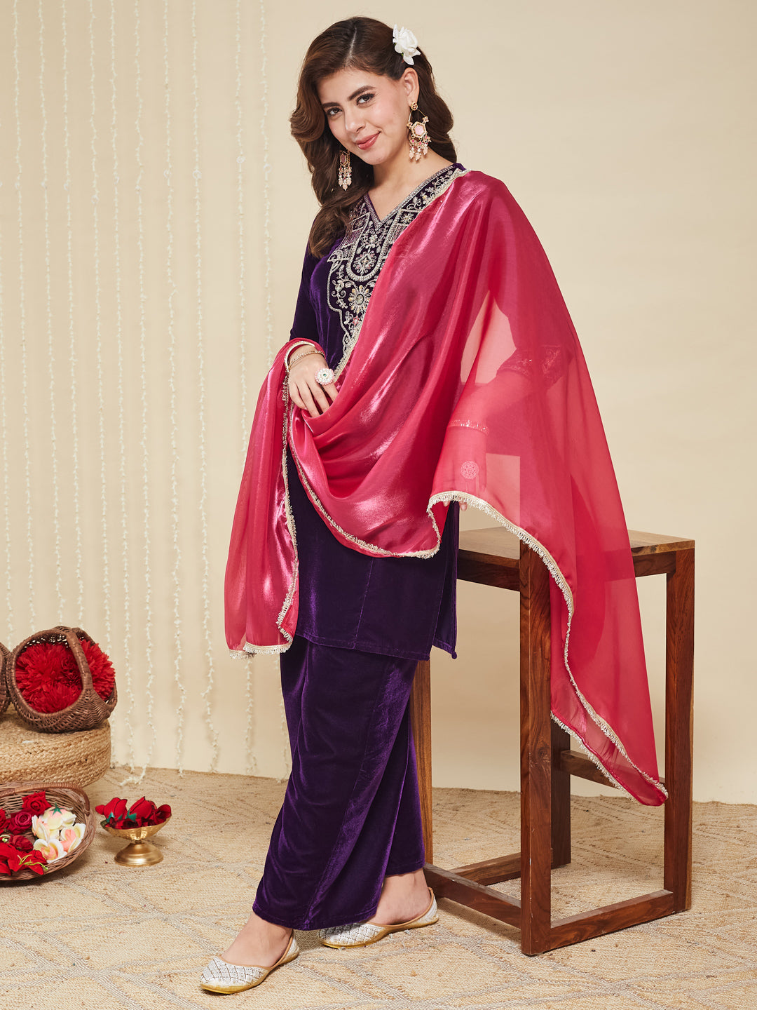 Violet Velvet Embroidered Kurta set with pink Dupatta for women