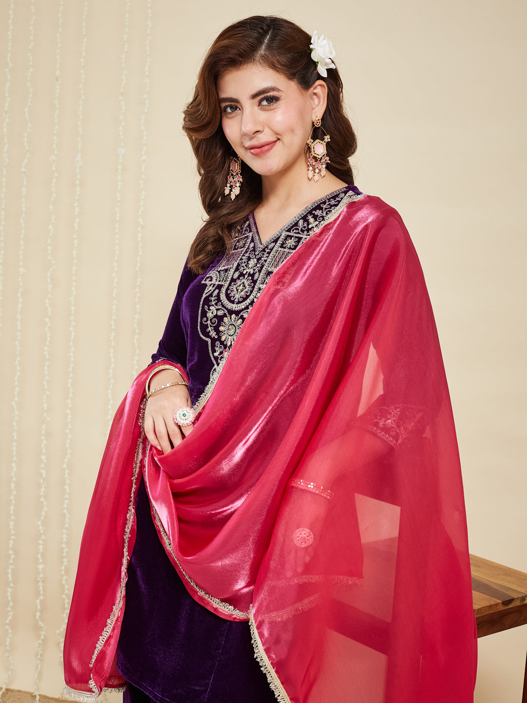 Violet Velvet Embroidered Kurta with pink Dupatta