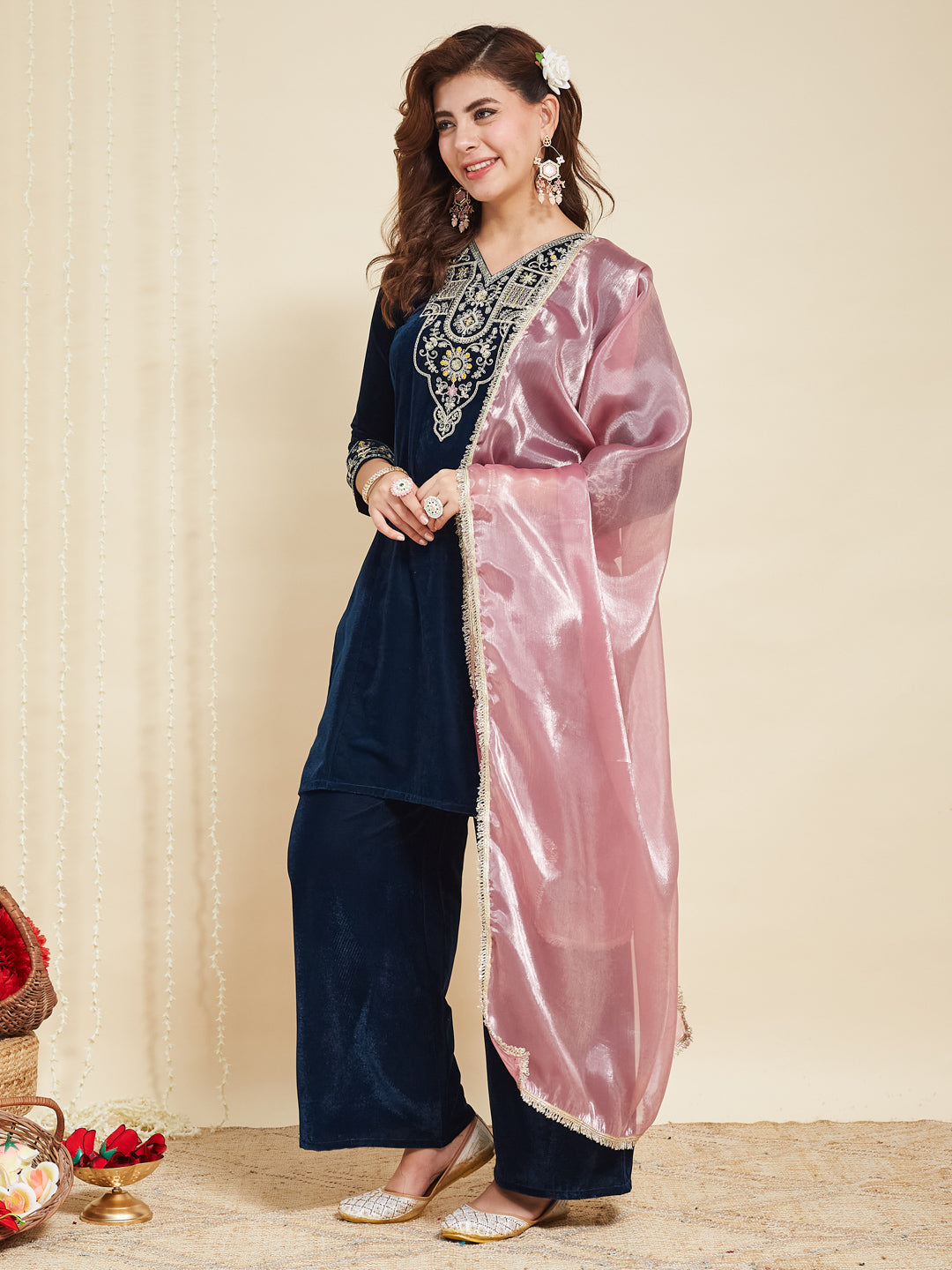 Teal Blue Velvet Embroidered Kurta set with pink Dupatta for women