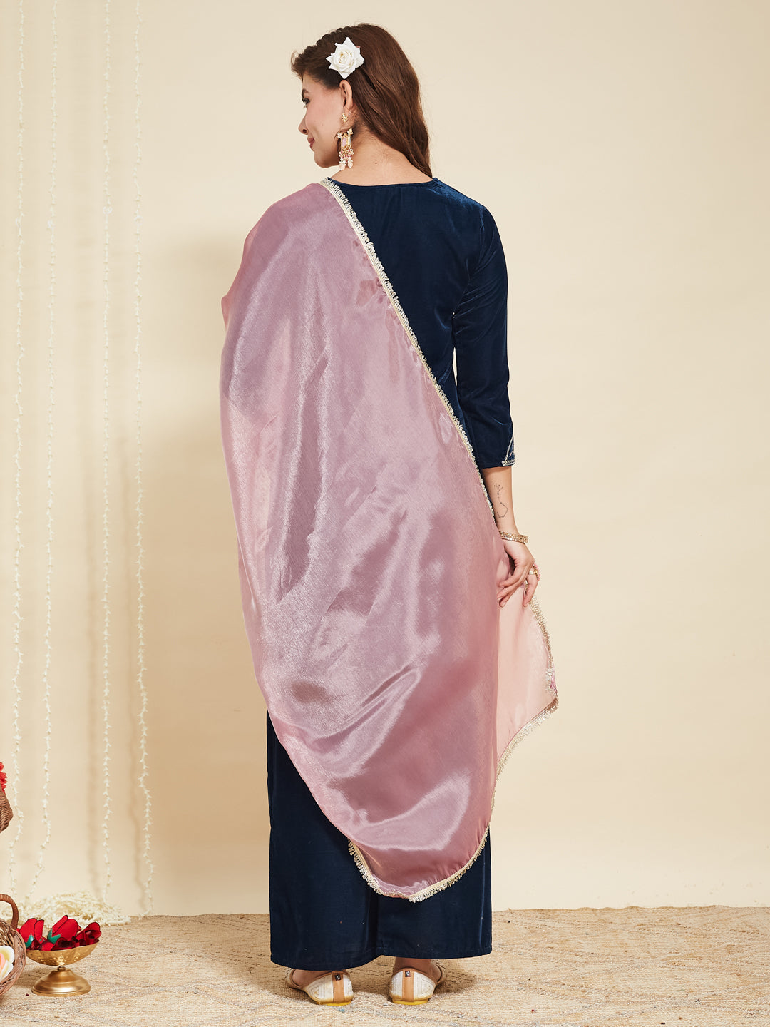 Teal Blue Velvet Embroidered Kurta with pink Dupatta | back side