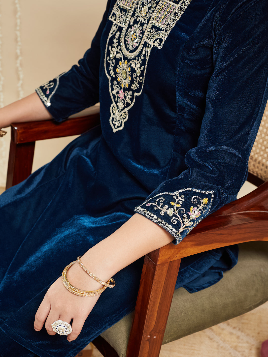 Teal Blue Velvet Embroidered Kurta with pink Dupatta