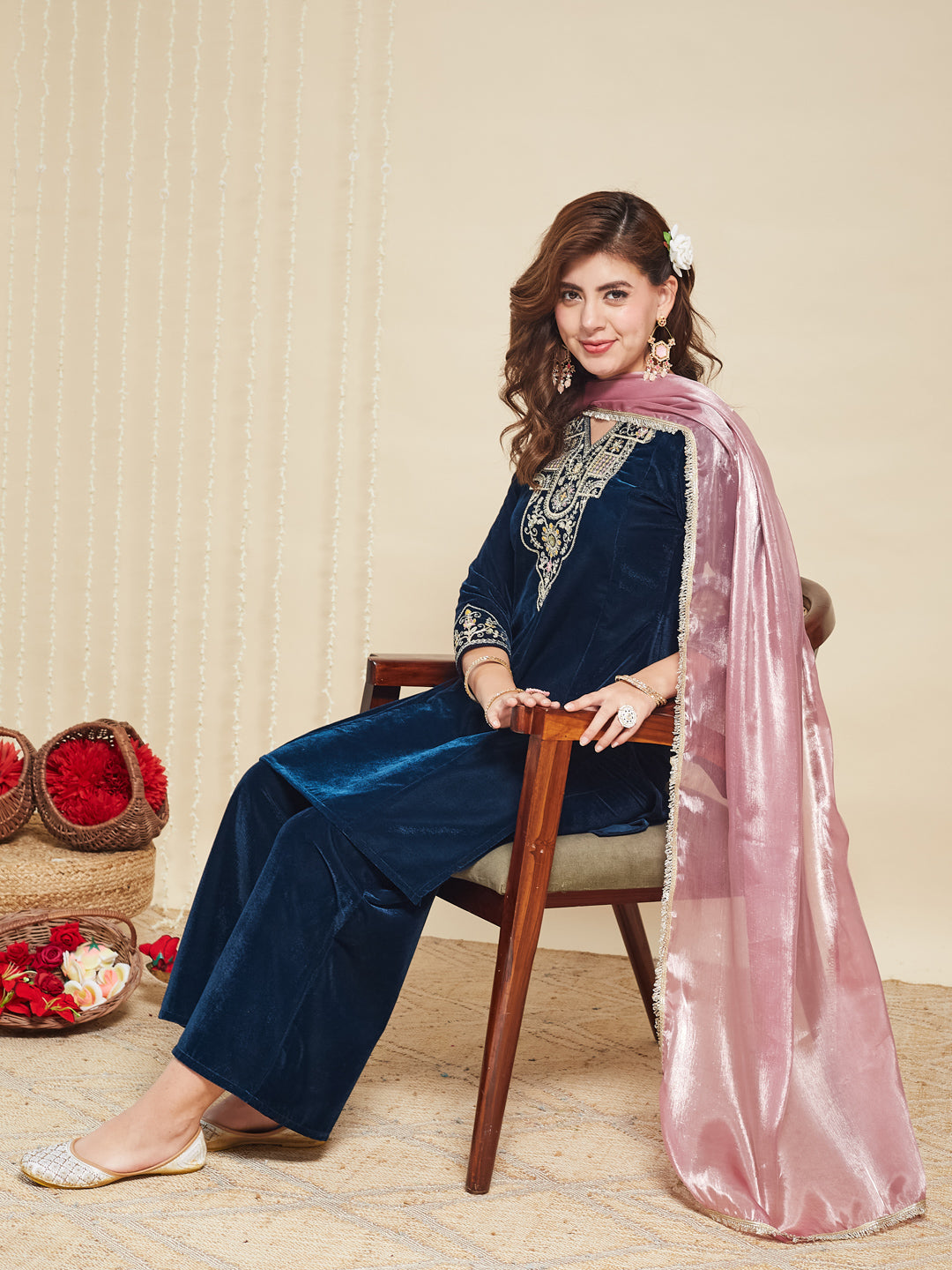 Teal Blue Velvet Embroidered Kurta set with pink Dupatta for women